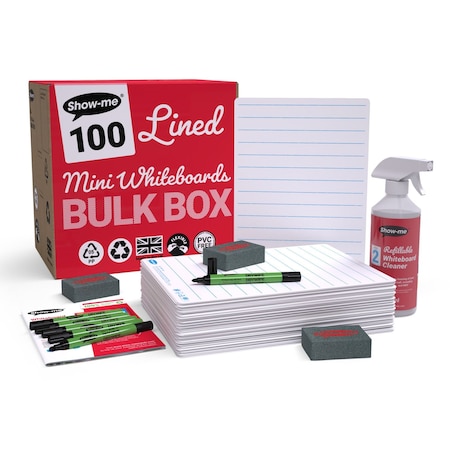 Show-Me Bulk Box of 100 x Lined/Plain 8" x 12" Lapboards, with Pens, Erasers, Cleaner, 100PK B/LIBX