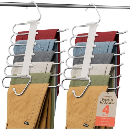Campior Space Saving Pants Hangers 4 Pack, 6-Layer S-Type Stainless Steel, Anti-Slip, White CMPSSHANWHT-4pk