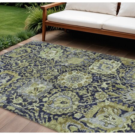 Homeroots 10' X 14' Fern Green And Blue Damask Washable Indoor Outdoor Area Rug 609071