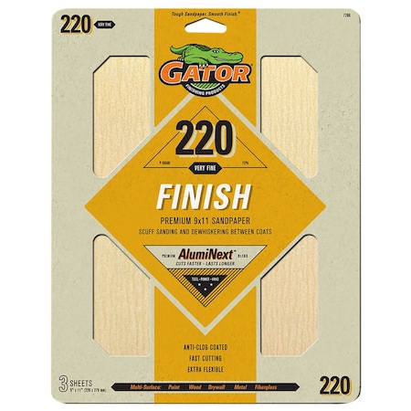 Gator Finishing AlumiNext Premium 9 x 11 in. Sandpaper, 220 Grit, 3PK 7266