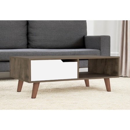 Homeroots 40" Brown And Brown and White Wood Coffee Table With Drawer And Shelf 535065