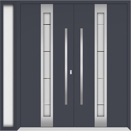 Vdomdoors Metal Double Doors Deux 1717 Gray Graphite Frosted Glass 1 Sidelight Entry Modern Painted 86x96 (W7 DEUX1717DEXD-GRE-W72+14xH96-LH-I