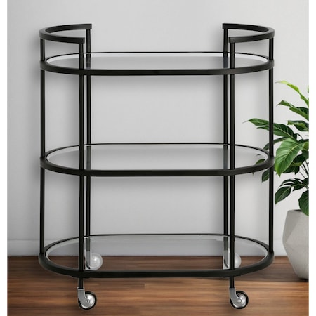 Homeroots Black Steel And Glass Oval Rolling Bar Cart 530455