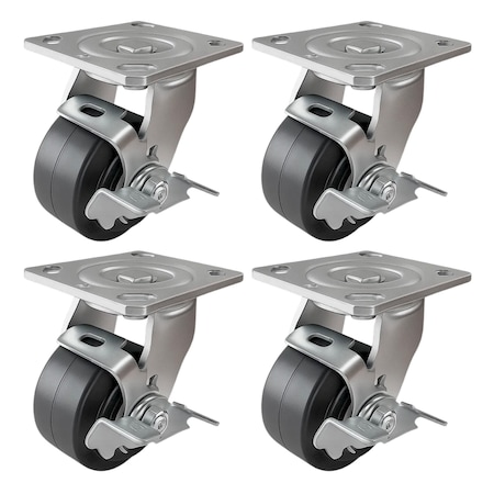 Hyw Products Heavy Duty Caster Set 4in Rubber on Cast Iron Wheels, 4 Swivel with Brake, 4PK 40-40S-A1-RC-TB-4