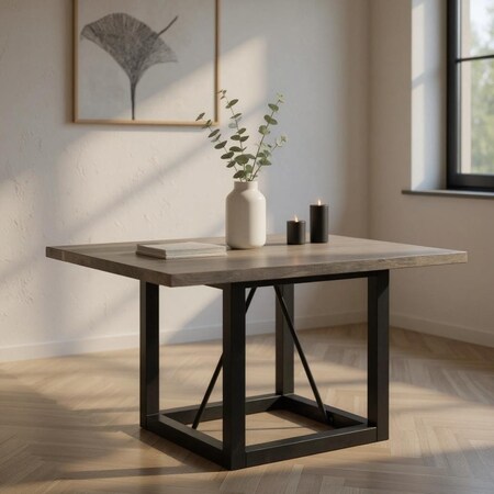 Homeroots 72" Dark Brown and Black Solid Wood And Iron Frame Base Square Dining Table 544741