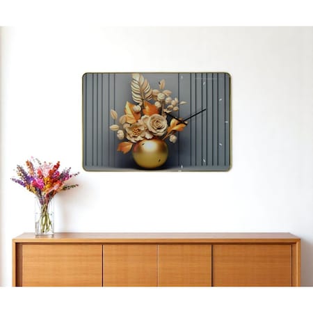 Homeroots 24" Beige Gold And Gray Solid Wood and Acrylic Silent Analog Floral Wall Clock 626575