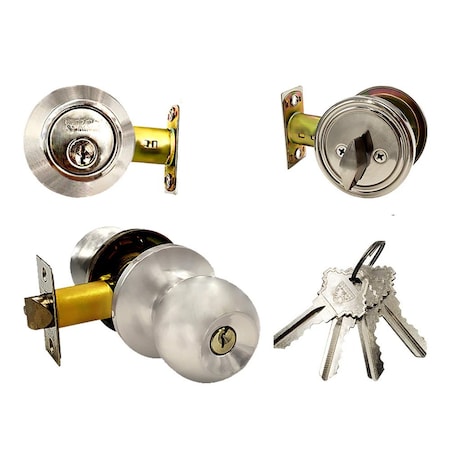 Ecs Hardware Durable Combo Lockset w/ Single Knob & Deadbolt, Entrance, Satin Nickle, Grade 3 SC1 ECSH-3607-SN-SC1