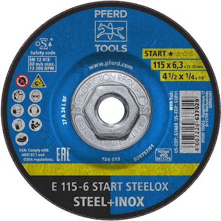 Pferd 4-1/2'' Grinding Wheel, 1/4'' Thick, 5/8''-11 Thread, START STEELOX, Type 27, Aluminum Oxide 63891