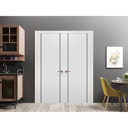 Sartodoors Solid French Double Doors, Planum 0017 White Silk and Aluminum Strips, Wood Solid Panel Frame Trims PLANUM0017DD-WS-60