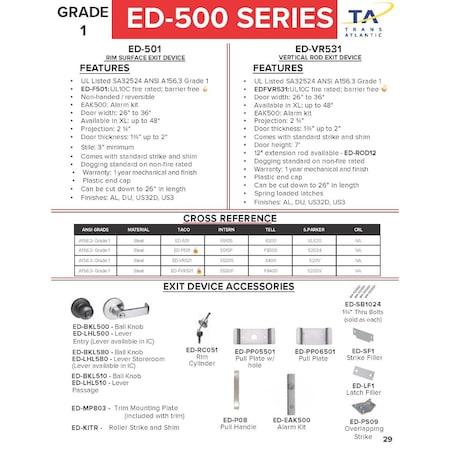 Trans Atlantic Co. VR531 Series Duronodic Grade 1 Commercial 36 in. Fire Rated Surface Vertical Rod Panic Exit Device ED-FVR531-DU