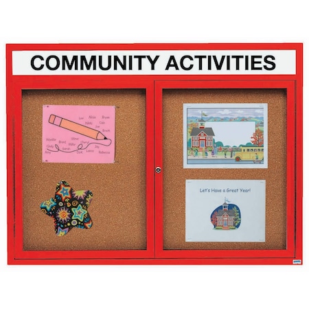 Aarco Enclosed Natural Pebble Grain Cork Bulletin Board w/ Header Red Powder Coated Al Frame, 48''Hx60''W DCC4860RHR