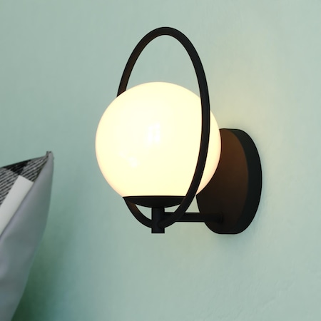 Vaxcel Bucktown 1 Light Matte Black Mid-Century Modern Wall Sconce White Globe Glass W0476