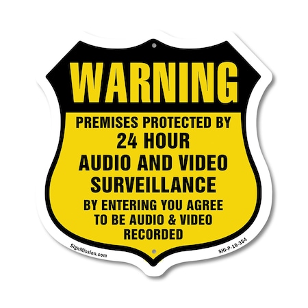 Signmission 24 Hour Surveillance Shield Sign Warning, 18 Inch X 18 Inch, Plastic Sign SHI-P-18-354