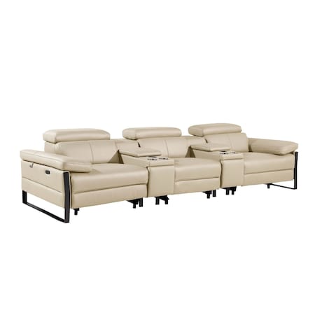 Homeroots 129" Beige Top Grain Leather Reclining Metal USB Sofa 720343