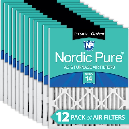 Nordic Pure 20x20x2 Plus Carbon Pleated Air Filter, High Capacity, MERV 14, 12 PK 20x20x2M14+C-12
