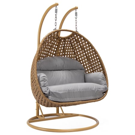 Leisuremod Mendoza Light Brown Wicker Hanging 2 person Egg Swing Chair with Light Grey Cushions MSCLBR-53LGR
