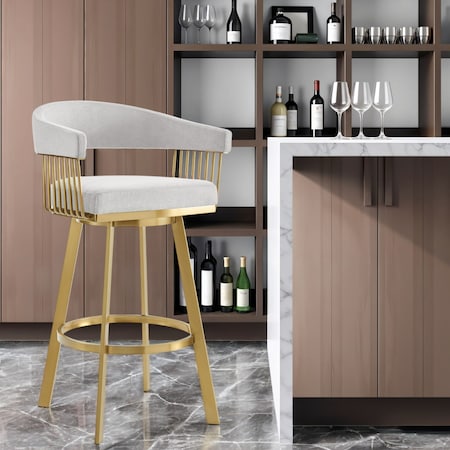 Homeroots 30" Silver and Gold Fabric and Stainless Steel Low Back Bar Height Swivel Bar Chair 569151