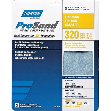 Norton Co ProSand 07660768157 Sanding Sheet, 11 in L, 9 in W, Extra Fine, 320 Grit, Aluminum Oxide Abrasive 2613