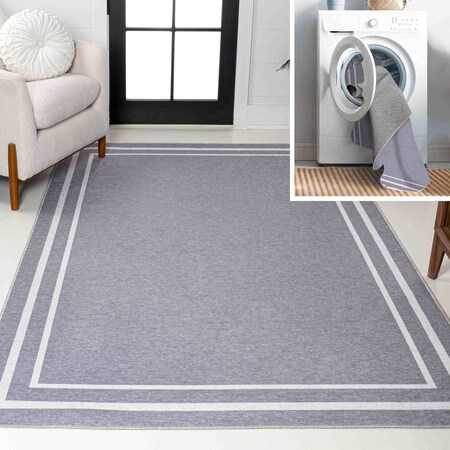 Jonathan Y Sloane Classic 2-Stripe Border Non-Slip Machine-Washable Gray/Cream 5 ft. x 8 ft. Area Rug WSH125A-5