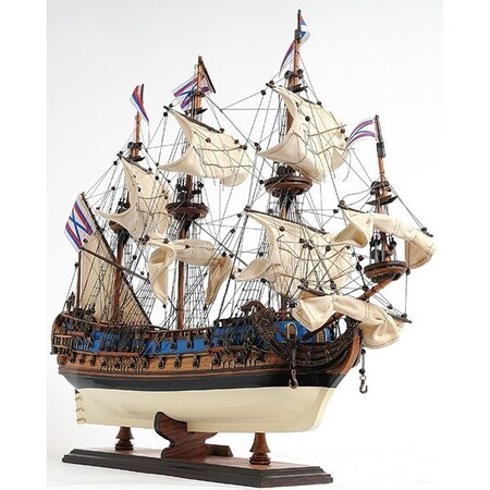 Homeroots 22" Blue and Brown Solid Wood Hand Painted 1700 Goto Predestination Medium Model Boat 401975