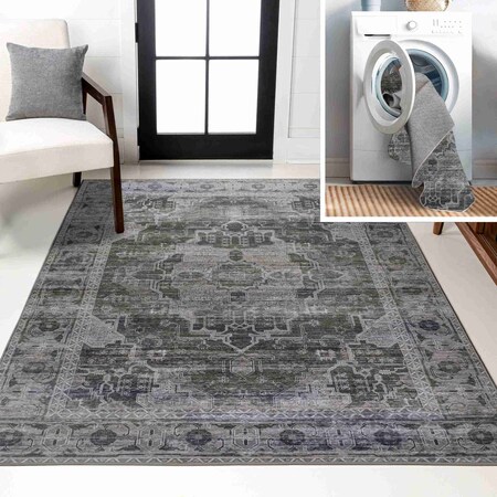 Jonathan Y Alanya Ornate Medallion Non-Slip Machine-Washable Dark Green/Gray 3 ft. x 5 ft. Area Rug WSH100B-3