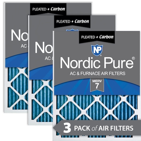 Nordic Pure 25x25x1 Plus Carbon Pleated Air Filter, High Capacity, MERV 7, 3 PK 25x25x1M7+C-3