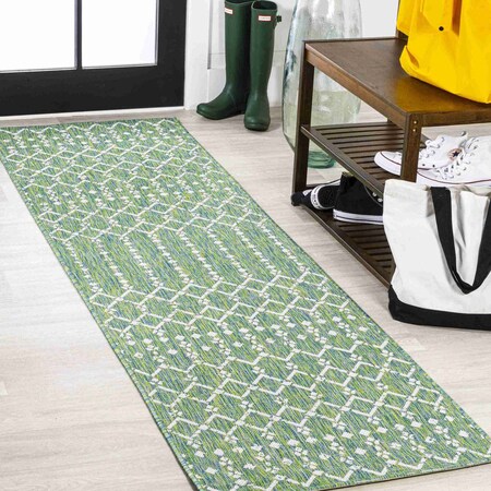 Jonathan Y Ourika Moroccan Geometric Textured Weave Green/Cream 2 ft. x 8 ft. Indoor/Outdoor Runner Rug SMB108L-28