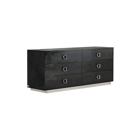 Homeroots 63" Black Six Drawer Shagreen Faux Croc Double Dresser 284153