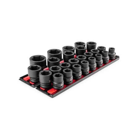 Tekton 3/4 Inch Drive 6-Point Impact Socket Set with Rails and Trays, 25-Piece 17-50 mm, Common Sizes SID93113
