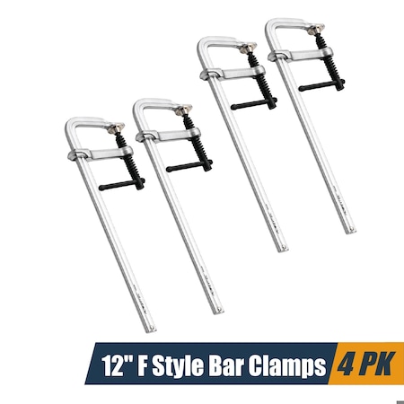 Powertec Heavy Duty 12in F Style Bar Clamps, 3-5/8in Throat, 480 lb Clamping Force for Woodworking, 4PK 72339-P2