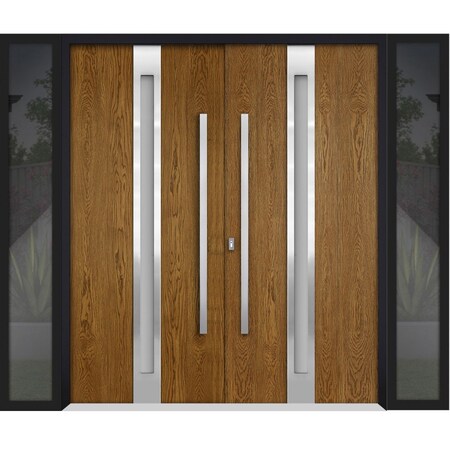 Vdomdoors Steel Double Doors Deux 1744 Natural Oak Sidelight Exterior Black Window Stainless Inserts Single M DEUX1744DEXD-OAKB-RH-W72+12 x H80