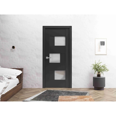 Vdomdoors Solid French Door 30 x 96in, Matte Black W/ Frosted Glass, Single Regular Panel Frame Trims Handle SETE6933ID-BLK-3096