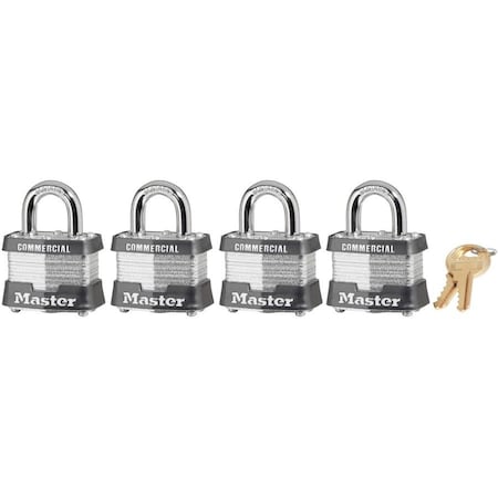 Master Lock Padlocks, Keyed Alike, Standard Shackle, Rectangular Steel Body, Steel Shackle, 5/8 in W, 4 PK 3QCOM