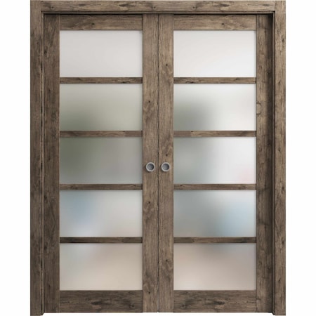 Sartodoors Sliding French Double Pocket Doors Frosted Glass Oak 72x96 (2* 36x96) Solid Core Modern Interior QUADRO4002DP-AKA-7296