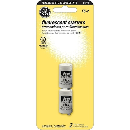 Ge Fluorescent Starter, For: 14 W, 15 W, 20 W Fluorescent Lamps, 2PK 64818