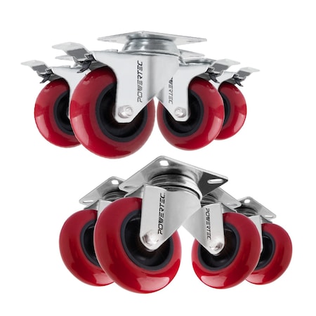 Powertec 3'' Swivel Plate Caster Wheels with 1280 lbs Loads, 4 with Brake & 4 without, PU Castors, 8PK 17217N