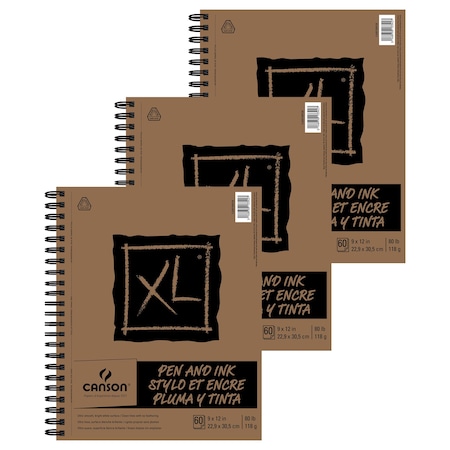 Canson XL Series Pen & Ink Pad, Side Wire Binding, 60 Sheet, 9X12 inch, 3PK C400100928