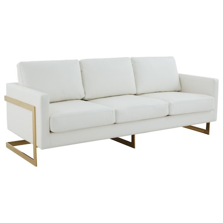 Leisuremod Lincoln Upholstered Leather Sofa with Gold Frame, White LA83W-L