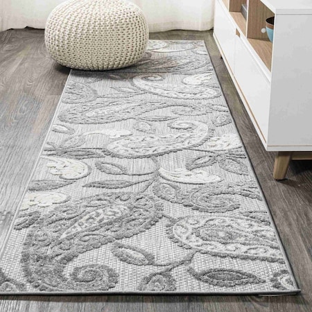 Jonathan Y Julien Paisley High-Low Light Gray/Ivory 2 ft. x 8 ft. Indoor/Outdoor Runner Rug AMC102A-28