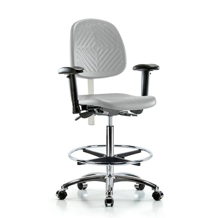 Blue Ridge Ergonomics CL100CleanRoom Chair-High Bench Ht with Med Back, Seat Tilt, Adj Arms, Chrome FR, &Casters in Gray Poly NCR-PHBCH-MB-CR-T1-A1-CF-CC-GRY