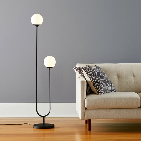 Homeroots 69" Black Two Light Novelty Floor Lamp With White Frosted Glass Globe Shade 523431