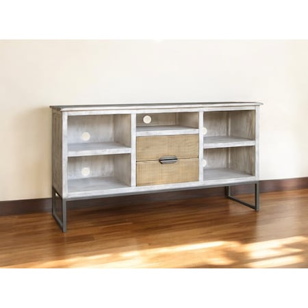 Homeroots 70" Light Gray Solid Wood Open shelving Distressed TV Stand 528737