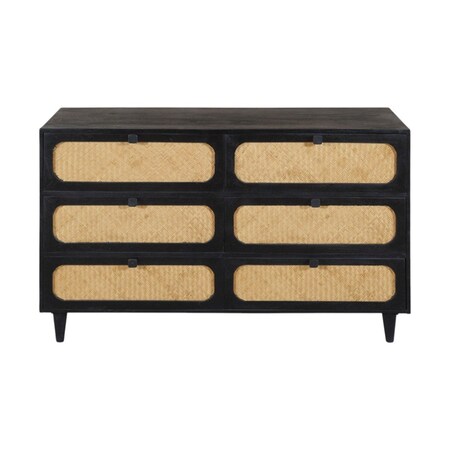 Homeroots 56" Black And Natural Solid Wood And Rattan Six Drawer Double Dresser 564522