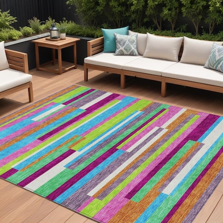 Homeroots 8' X 10' Lavender Orange And Lime Green Striped Washable Indoor Outdoor Area Rug 613293