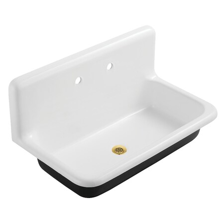 Kingston Brass 36" Cast Iron Single Bowl Wall Mount Utility Sink with Drain, White/Brushed Brass KGCLWS3620197