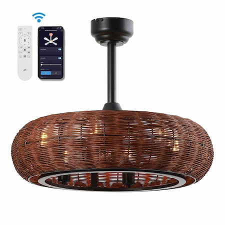 Jonathan Y Cassidy 23" 6-Light Modern Bohemian 6-Speed Metal/Rattan Mobile-App/Remote-Controlled Height-Adjusta JYL9728A