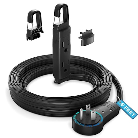 Maximm 6ft 16AWG 360 degrees Flat Plug Extension Cord w/ Removable Hook, UL, Black ADW-360-C106-BH