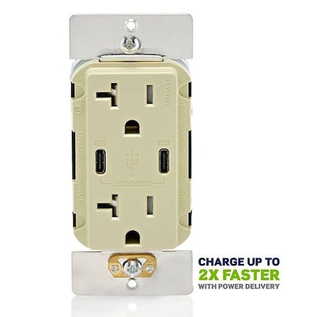 Leviton USBReceptacle, 20A, Ivory, Thermoplastic T5836-I