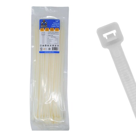 Grizzly Supply Cable Tie, 14 in L, 50 lb Strength, 4.0 in Max Bundle Dia, Nylon 6/6, Natural, 100PK GS-S14-50-9C