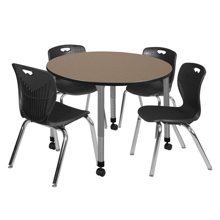 Regency Round Kee Mobile Adjustable Classroom Table W/ 4 Andy Chairs, 48 in W, 48 in L, Noble Oak TB48RNDNOAPCGY40BK